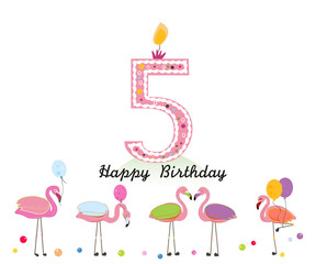 Five candle. Happy fifth birthday candle letter. Exotic birds. Set of different poses flamingos. Colorful flamingo