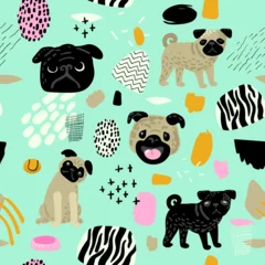 Wall murals Dogs Cute Dogs Seamless Pattern. Childish Background with Pug Puppies and Abstract Elements. Baby Freehand Doodle for Fabric Textile, Wallpaper, Wrapping. Vector illustration