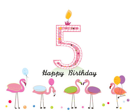 Five candle. Happy fifth birthday candle letter. Exotic birds. Set of different poses flamingos. Colorful flamingo
