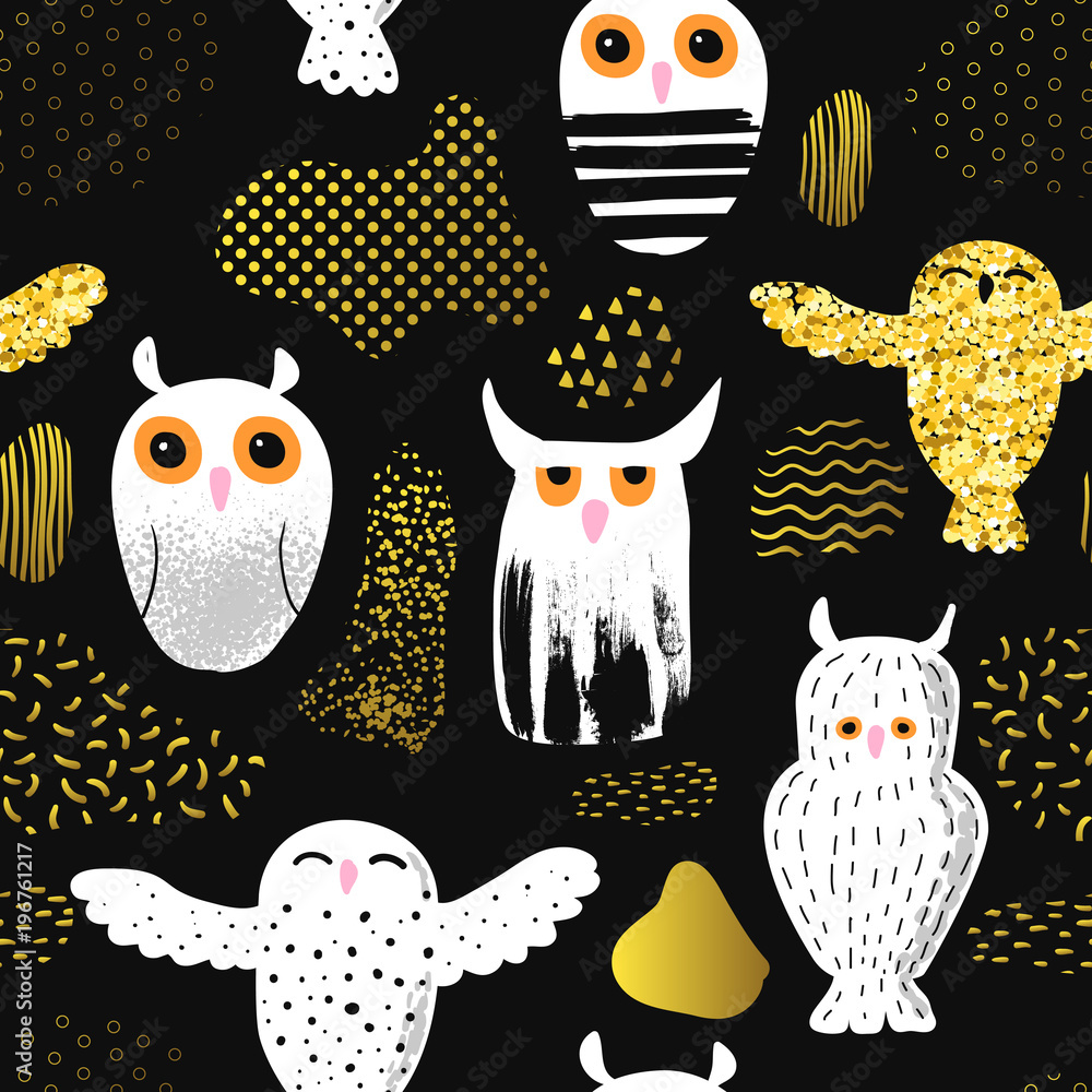 Poster owls seamless pattern in childish style. kids background with cute birds and abstract elements for f