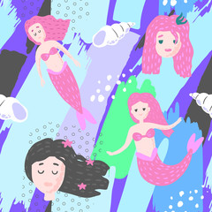 Obraz na płótnie Canvas Mermaids Seamless Pattern in Childish Style