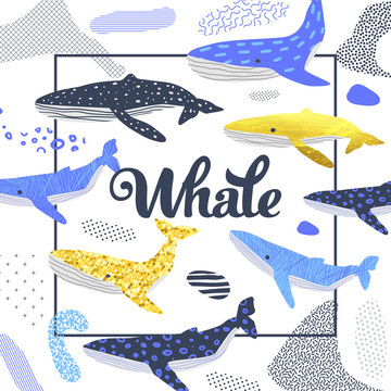 Cute Whales Design. Childish Marine Background with Abstract Elements. Baby Freehand Doodle for Covers, Decor. Vector illustration