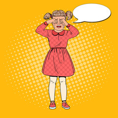 Pop Art Unhappy Little Girl Crying with Tears. Sad Child Facial Expression. Tearful Kid. Vector illustration