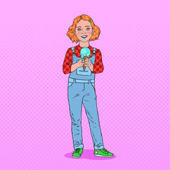 Pop Art Little Girl Eating Tasty Ice Cream. Cute Happy Child Tastes Cold Dessert. Vector illustration