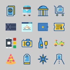 Icons about Travel with wallet, pizza, temple, ticket, suit case and passport