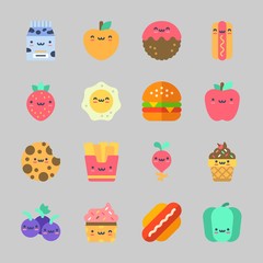 Fototapeta na wymiar Icons about Food with strawberry, apple, peach, hot dog, cookie and fried egg