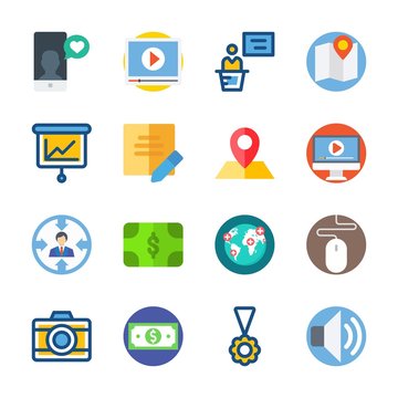 icon Digital Marketing with medal, target, map, photo camera and smartphone