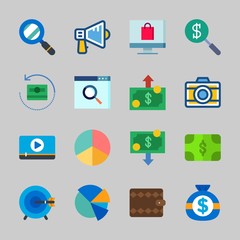 Icons about Commerce with search, wallet, photo camera, video player, target and money