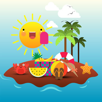 Summer concept. Flat icons with place for text. Vector illustration