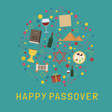 Passover holiday flat design icons set in round shape with text in english