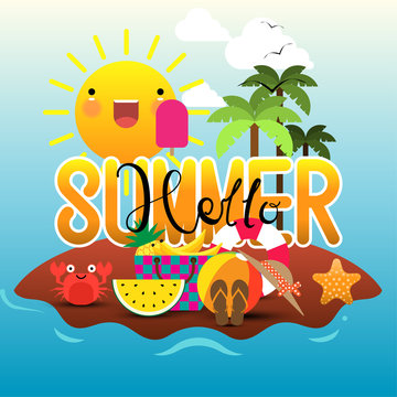 Hello summer in a sand beach island with summer items. Vector Illustration.