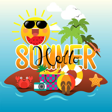 Hello summer in a sand beach island with summer items. Vector Illustration.
