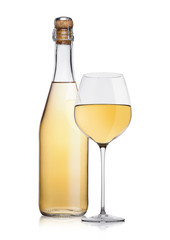 Bottle of homemade white wine and glass with cork