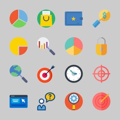Icons about Commerce with user, wallet, time, settings, padlock and online shop