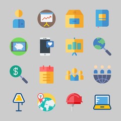 Icons about Business with teamwork, smartphone, worker, worldwide, presentation and lamp