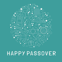 Passover holiday flat design white thin line icons set in round shape with text in english