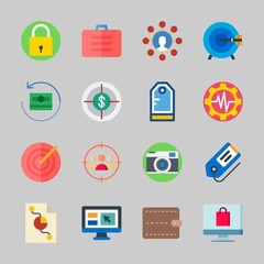 Icons about Commerce with settings, photo camera, suitcase, online shop, pie chart and padlock