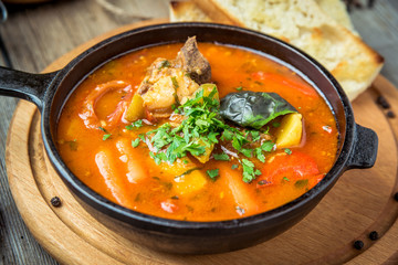 Hungarian soup goulash bograch with dumplings.