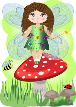 A small, cartoon fairy with a magic wand and wings landed on the fly agaric, illustration, postcard