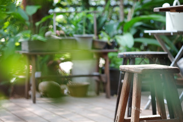 wooden stool in green Garden