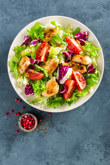 Fresh vegetable salad of tomatoes, cucumbers, italian mix, lettuce and grilled chicken breast. Fried chicken meat, fillet with salad. Healthy food. Flat lay. Top view