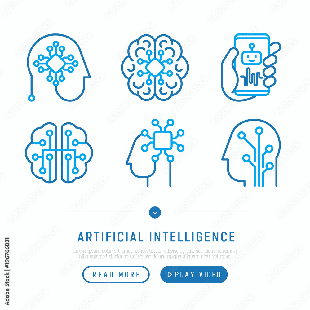 Poster artificial intelligence thin line icons set: robot, brain, machine learning, marketing analytics, cp