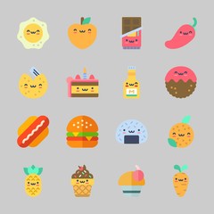 Icons about Food with fortune cookie, hot dog, cake, cupcake, fried egg and orange