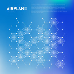 Airplane concept in honeycombs with thin line icons: agricultural aircraft, passenger's plane, military aviation, paper plane. Top, side, front views. Vector illustration for print media, banner.
