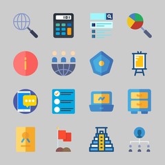 Icons about Business with presentation, shield, pyramid, cabinet, info and calculator