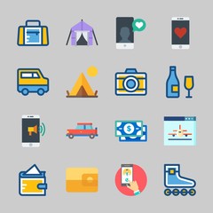 Icons about Travel with money, sport bag, wallet, smartphone, roller skate and tent