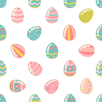 Seamless pattern with colorful Easter colorful eggs in pastel colors. Childish modern style.