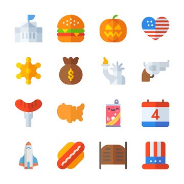icon United States with sheriff, independent day, salon, hot dog and hamburger