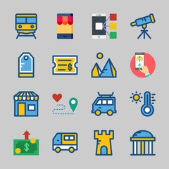 Icons about Travel with smartphone, van, thermometer, money, route and ticket