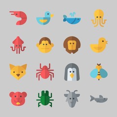 Icons about Animals with octobus, goat, prawn, spider, fox and chicken