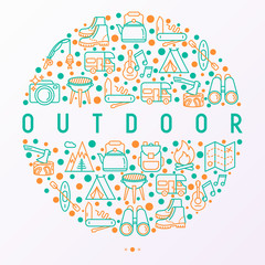 Outdoor concept in circle with thin line icons: mountains, backpack, uncle boots, kettle, axe, map, swiss knife, canoe, camera, fishing rod, binoculars. Modern vector illustration for print media.