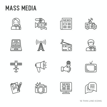 Mass media thin line icons set: journalist, newspaper, article, blog, report, radio, internet, interview, video, photo. Modern vector illustration.