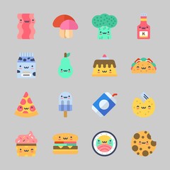 Icons about Food with soda, milk, broccoli, hamburger, popsicle and pizza