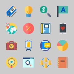 Icons about Business with smartphone, idea, percentage, notebook, tag and suitcase
