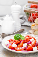 Tomato salad with fresh red onion and feta cheese. Healthy eating