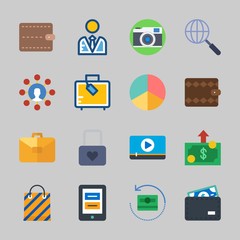 Icons about Commerce with photo camera, suitcase, video player, padlock, shopping bag and pie chart