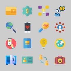 Icons about Business with user, worldwide, safebox, gear, suitcase and notebook