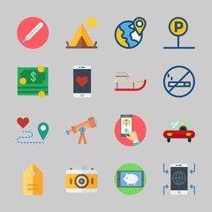 Icons about Travel with thermometer, tag, parking, telescope, mo smoking and photo camera