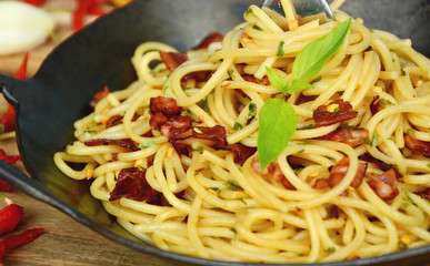 Bacon spaghetti aglio olio.
 smoky, spicy and perfect for the bacon lover menu