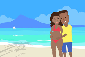 african american couple man and pregnant woman on tropical beach
