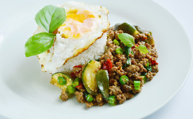 Stir Fried Basil with Pork and Fried egg is Thai street food Pad kra pao is one of Thailand’s most beloved street food