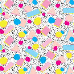 Seamless pattern with blots and dots. Dotted holiday background in 1980s style.