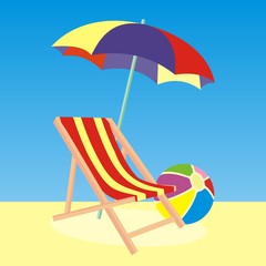 Obraz na płótnie Canvas lounger, parasol and beach ball, vector icon