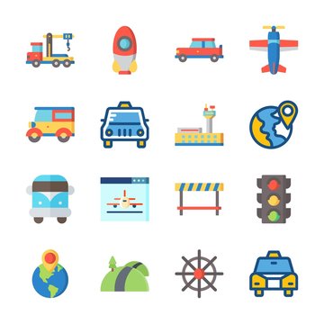 icon Transportation with road block, van, crane, plane and rudder