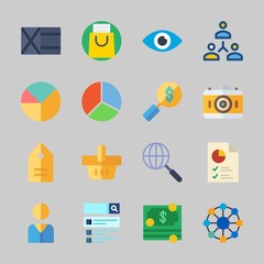 Icons about Commerce with photo camera, shopping basket, pie chart, networking, wallet and search