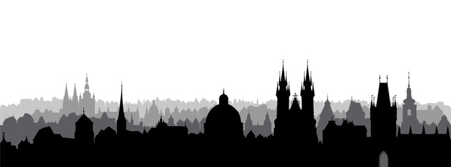 Fototapeta premium Miasto Praga, Czechy. Widok na panoramę. Pejzaż miejski z charakterystycznym budynkiem katedry.